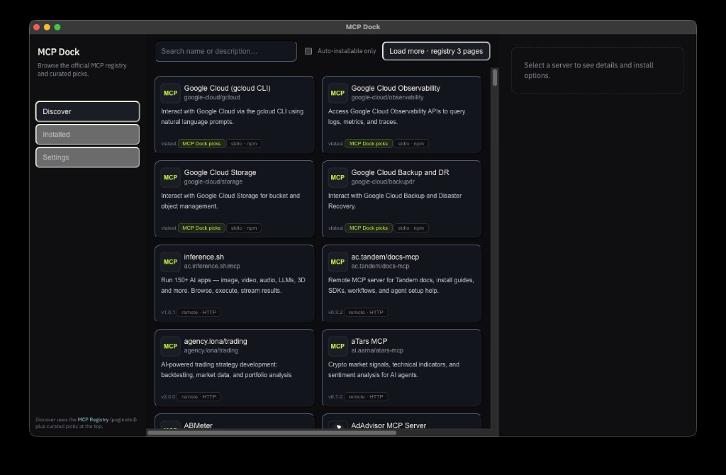Discover view showing the MCP registry list