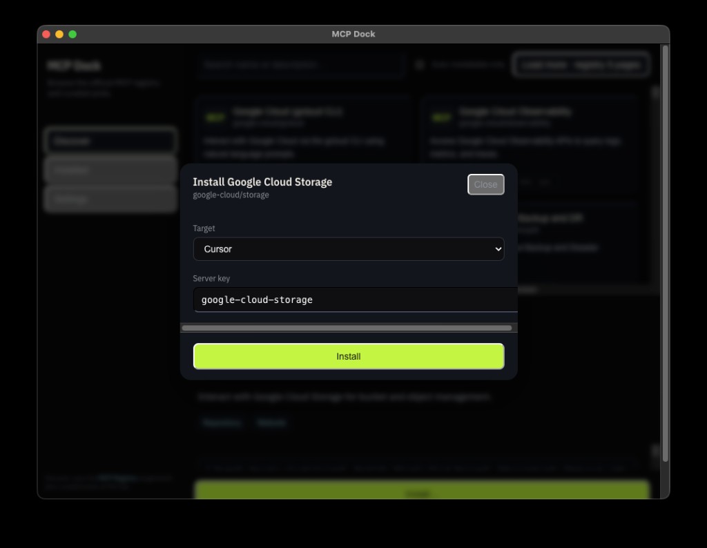Install dialog for a server showing target and install button