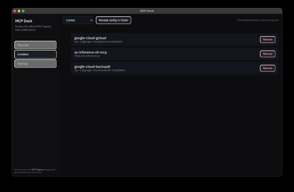 Installed view showing installed MCP servers for Cursor